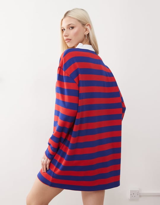 Vintage återvunnen polo krage mini klänning i randig - Image 4