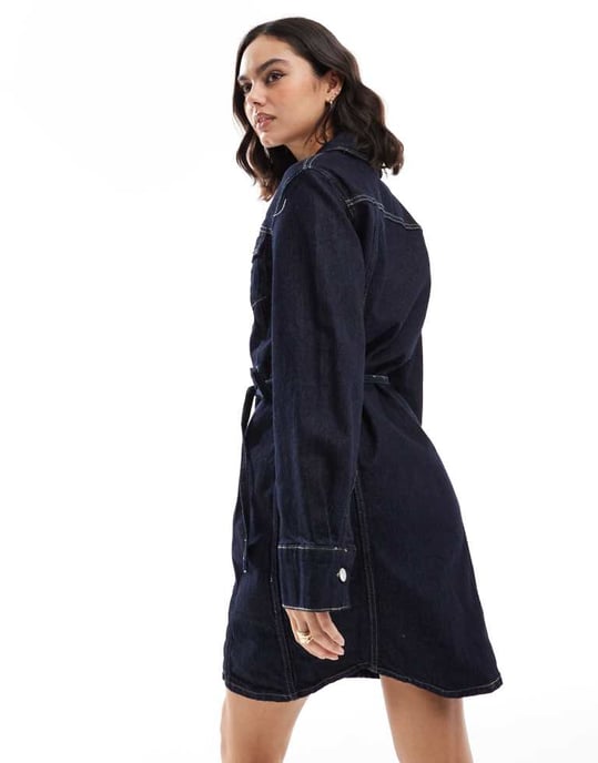 Vero Moda knapp-up denim miniärmlösa klänning i mörkblå - Image 3
