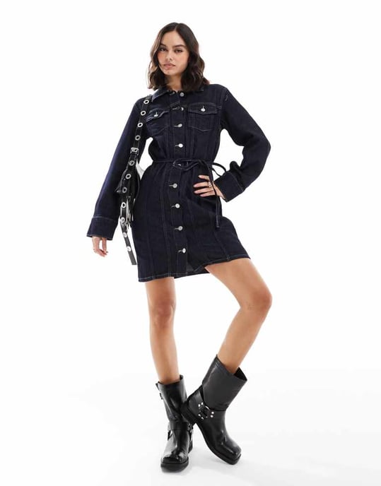 Vero Moda knapp-up denim miniärmlösa klänning i mörkblå - Image 4