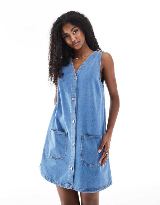 Miss Selfridge denim knappar ned mellanlång klänning - Image 1
