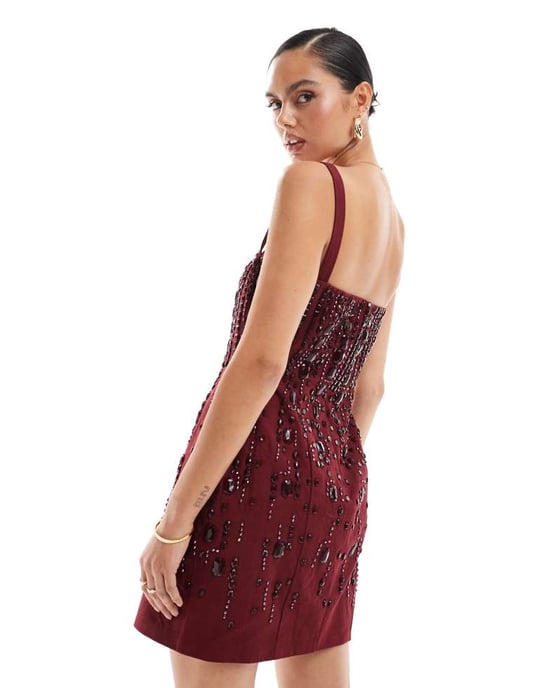 ASOS DESIGN structured gem embellished mini dress in oxblood - Image 2