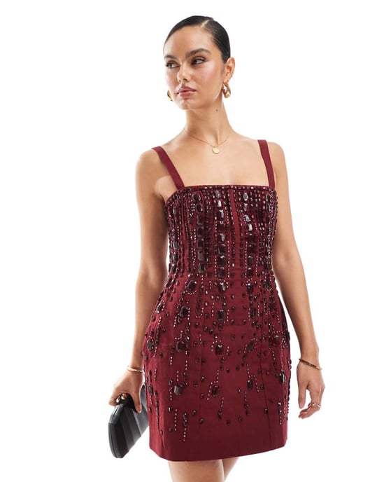 ASOS DESIGN structured gem embellished mini dress in oxblood - Image 4