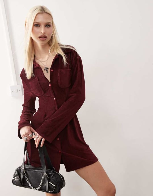 Reclaimed Vintage cord mini shirt dress in burgundy - Image 3