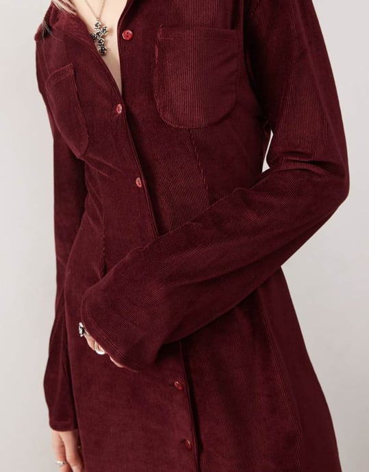 Reclaimed Vintage cord mini shirt dress in burgundy - Image 4