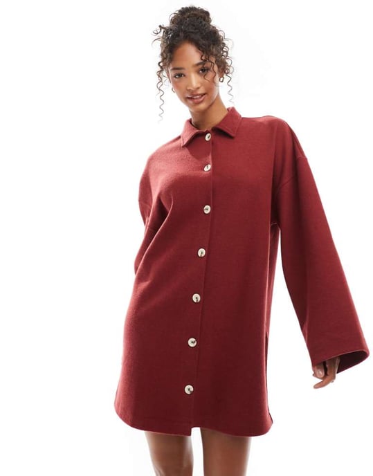 ASOS DESIGN supersoft kragad knäppning tröja mini klänning i vinröd - Image 1