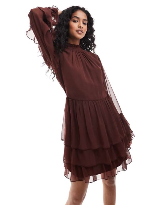 Miss Selfridge chiffong volang mini-klänning i brun - Image 1