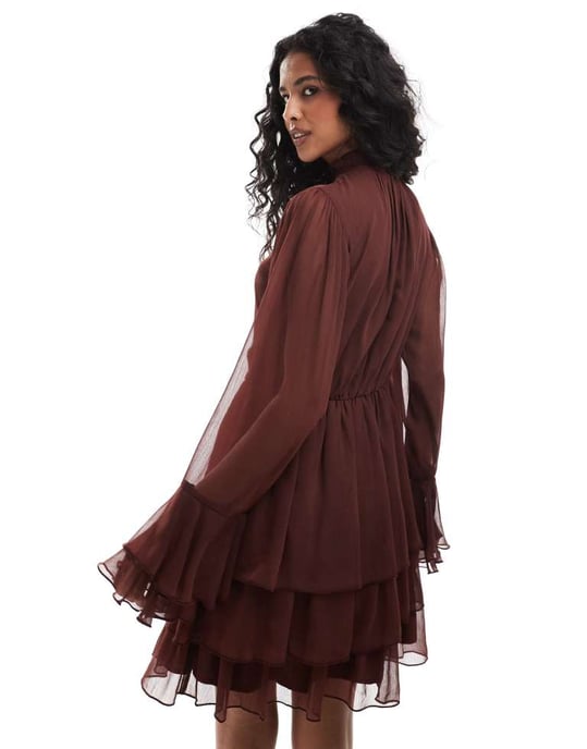 Miss Selfridge chiffong volang mini-klänning i brun - Image 3
