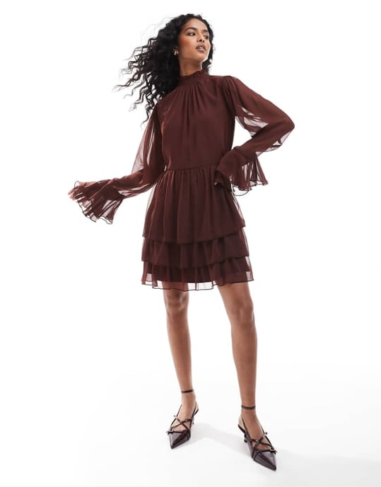 Miss Selfridge chiffong volang mini-klänning i brun - Image 4