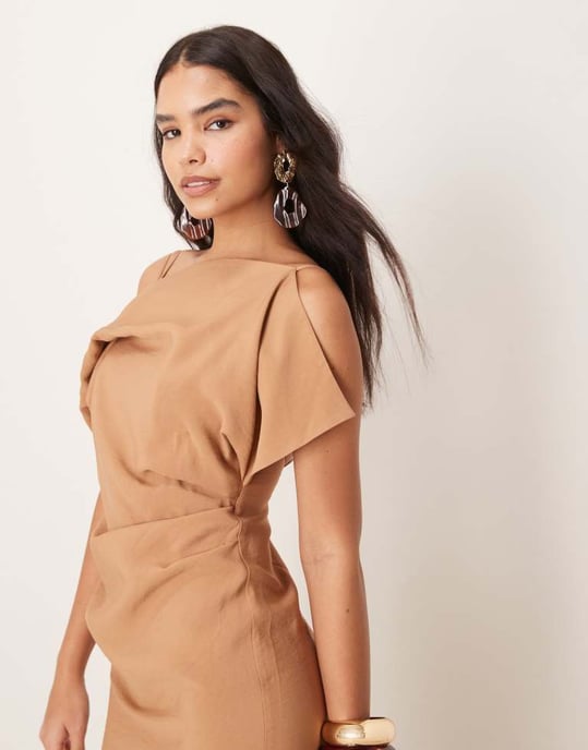 ASOS DESIGN fyrkantig halsringning drapérad midaxi-klänning i tobak - Image 4