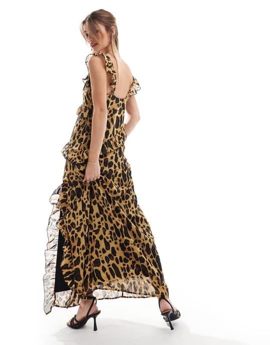 Vero Moda volangkantad chiffong maxi-klänning i naturligt leopardmönster - Image 2