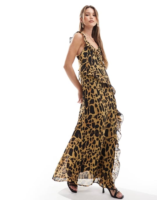 Vero Moda volangkantad chiffong maxi-klänning i naturligt leopardmönster - Image 4
