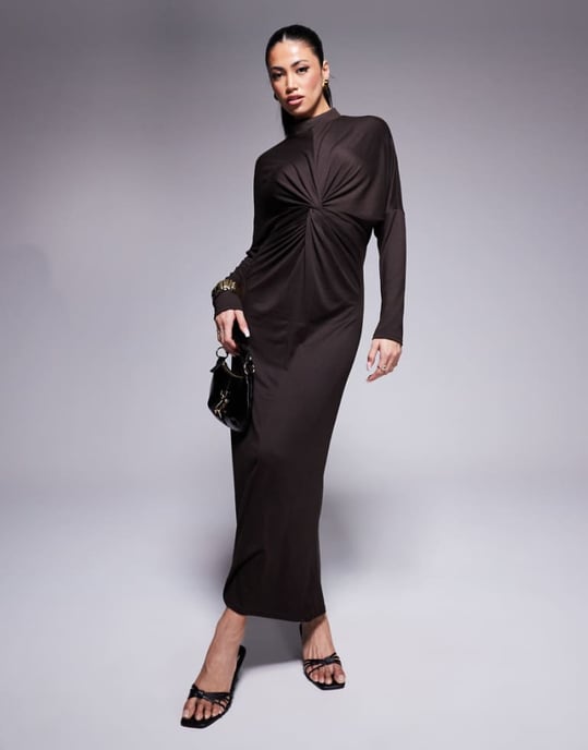 ASOS DESIGN high neck long sleeve twist front maxi dress in chocolate - Image 1