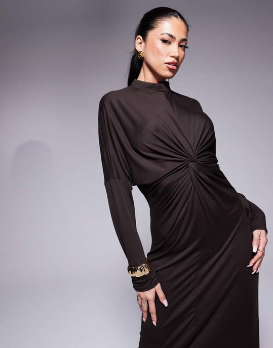 ASOS DESIGN high neck long sleeve twist front maxi dress in chocolate - Image 2