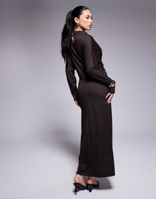 ASOS DESIGN high neck long sleeve twist front maxi dress in chocolate - Image 4