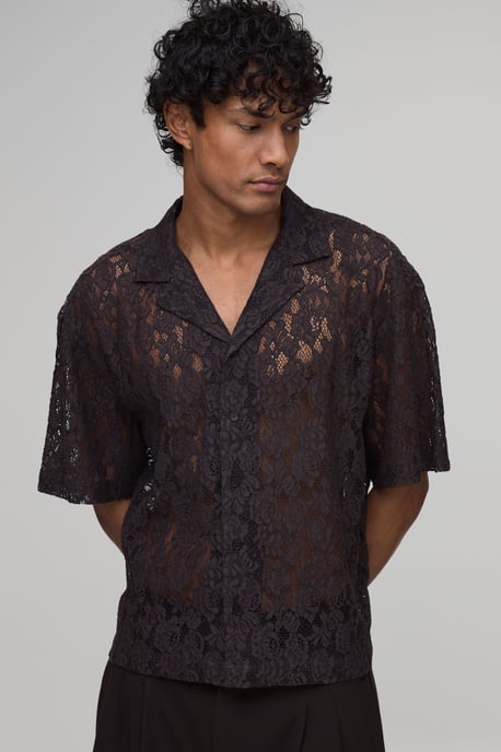 Oversized Boxy Revere Short Sleeve Lace Shirt - Image 1