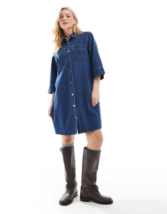Vero Moda boxy denim minikjol i medelblå - Image 4
