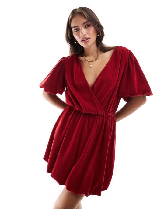 ASOS DESIGN kordel omslag fram puffärmad mini klänning i röd - Image 3