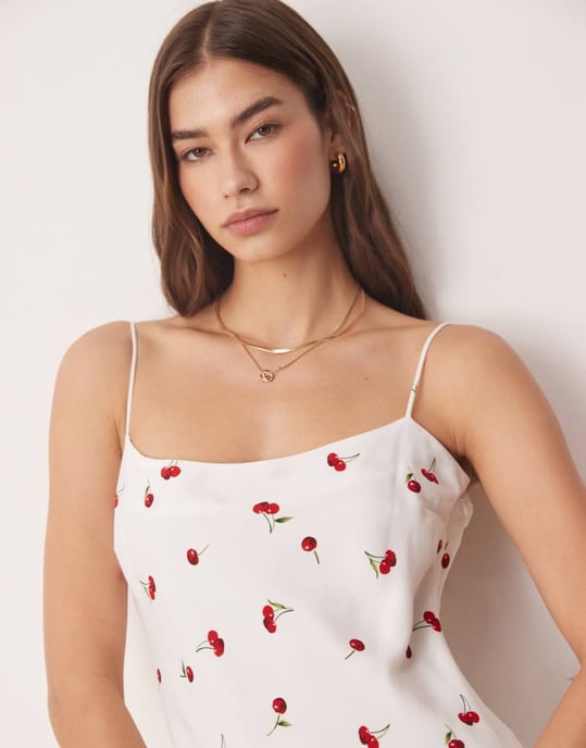 Abercrombie & Fitch cami strap slip knee length dress in red cherry print - Image 2