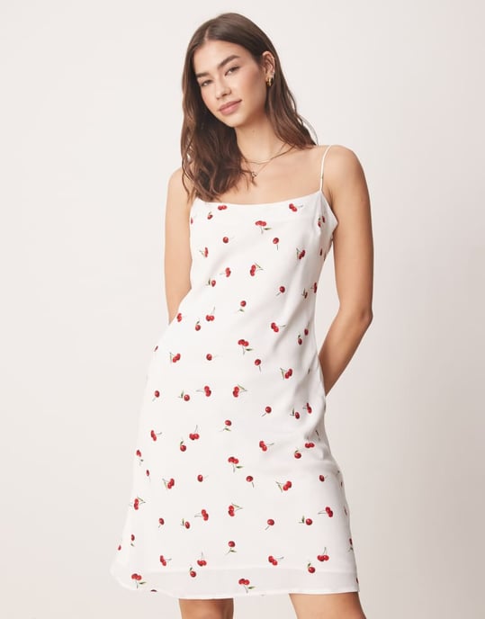Abercrombie & Fitch cami strap slip knee length dress in red cherry print - Image 3