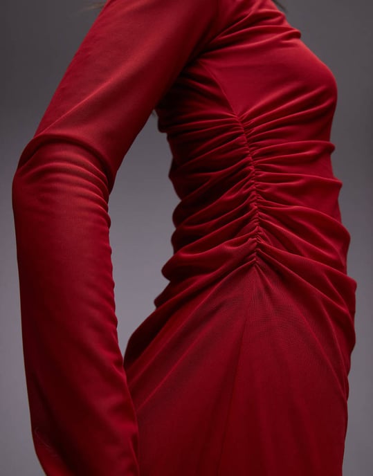 & Other Stories long sleeve mini mesh dress with drape detail in red - Image 3