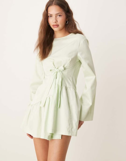 ASOS DESIGN poplin klänning med knytning i midjan i salviagrön - Image 2