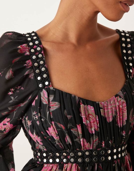 ASOS DESIGN studdetaljerad babydoll miniklänning i blommig tryck - Image 2