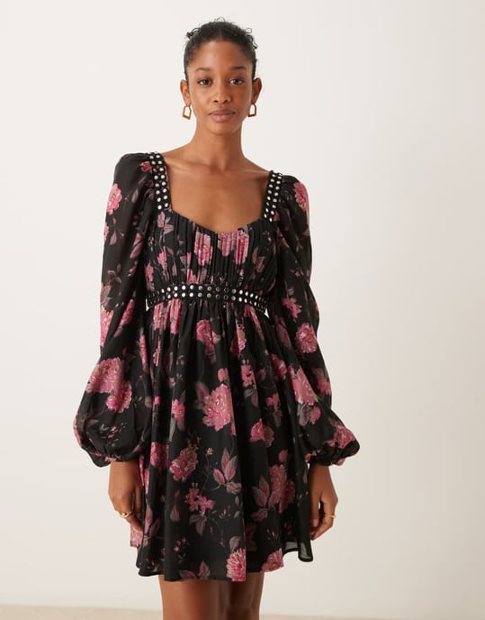 ASOS DESIGN studdetaljerad babydoll miniklänning i blommig tryck - Image 4