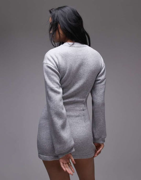 Topshop miniklänning med lång ärm och åtsittande midja i grått - Image 4