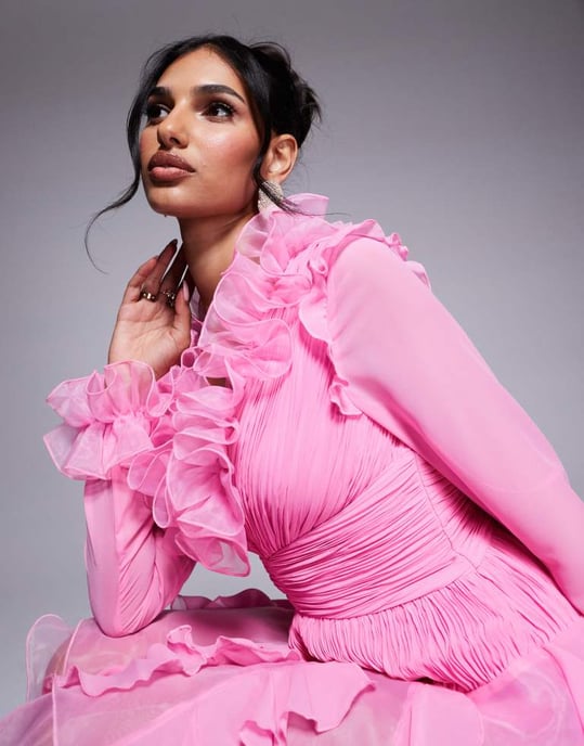 ASOS LUXE organza långärmad mini-klänning med överdrivna volanger i rosa - Image 3