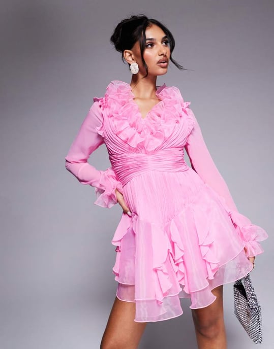 ASOS LUXE organza långärmad mini-klänning med överdrivna volanger i rosa - Image 4