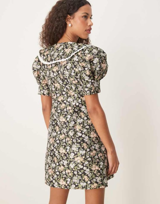 Sister Jane contrast collar jacquard mini dress in green floral - Image 2