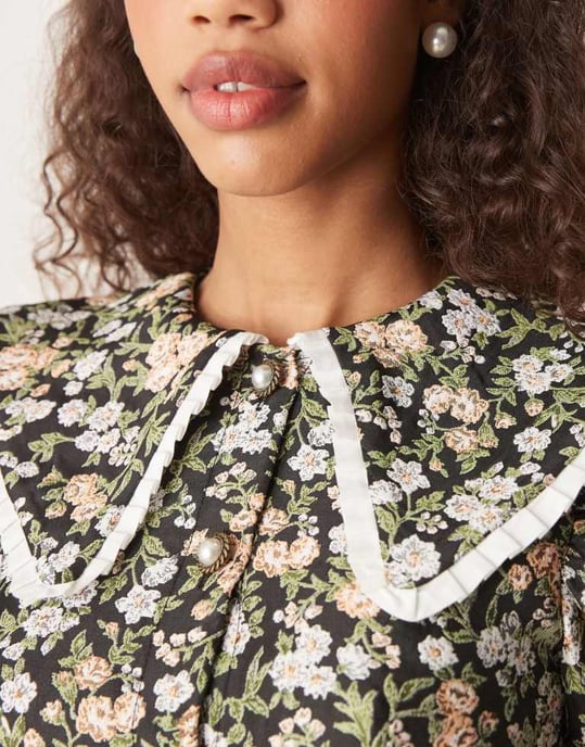 Sister Jane contrast collar jacquard mini dress in green floral - Image 3