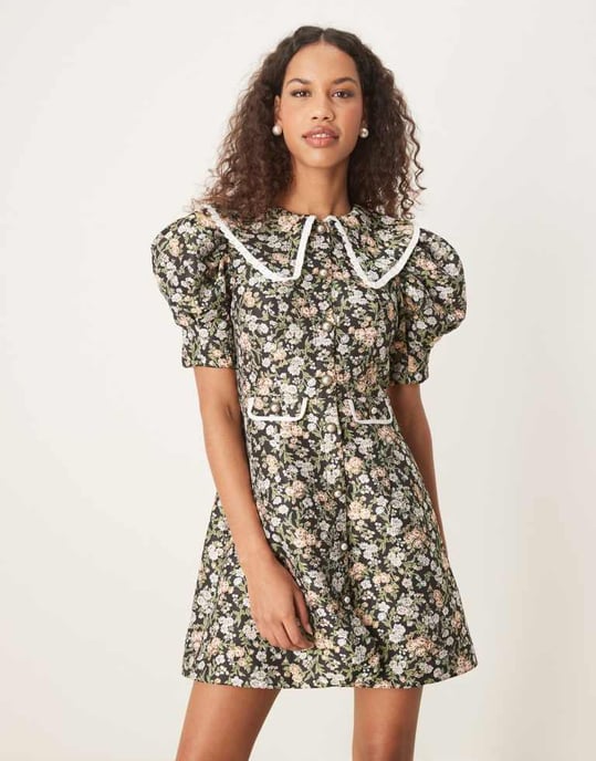 Sister Jane contrast collar jacquard mini dress in green floral - Image 4