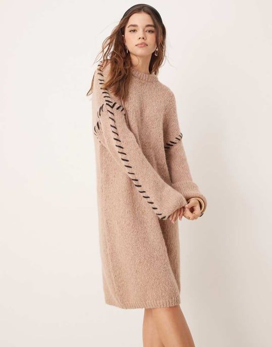 Vila stickad jumper minikjol med kontrastsöm i beige - Image 3