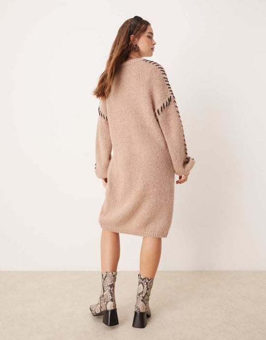 Vila stickad jumper minikjol med kontrastsöm i beige - Image 4