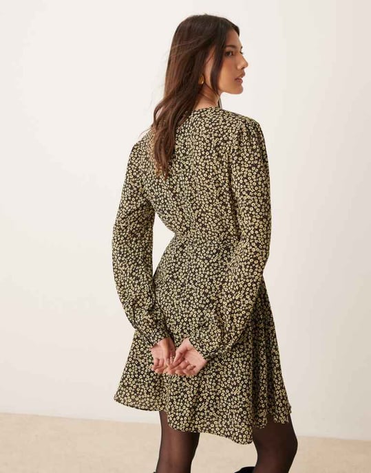 Glamorous long sleeve v neck mini dress in black and yellow ditsy floral - Image 2