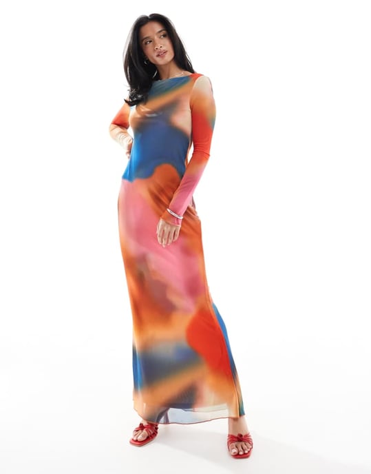 Vero Moda Petite långärmad mesh maxi klänning i solnedgång blå mönster - Image 2
