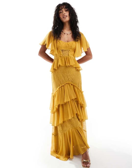 ASOS DESIGN klänning midi med fladdrande ärmar och lager med spetsinslag i senapsgul - Image 2