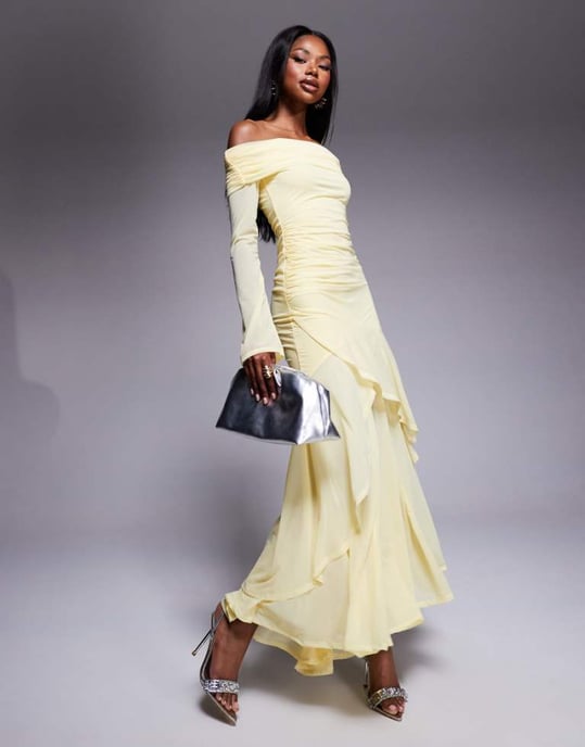 ASOS DESIGN stretch chiffon long sleeve bardot maxi dress with ruffle hem in pastel yellow - Image 1