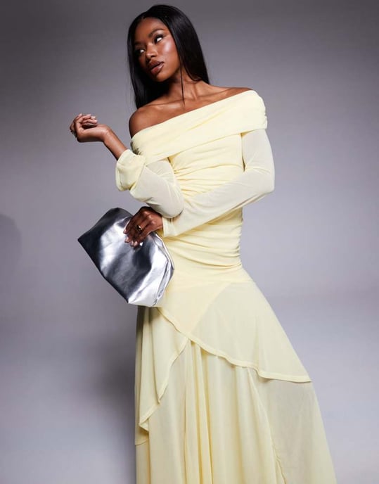 ASOS DESIGN stretch chiffon long sleeve bardot maxi dress with ruffle hem in pastel yellow - Image 2