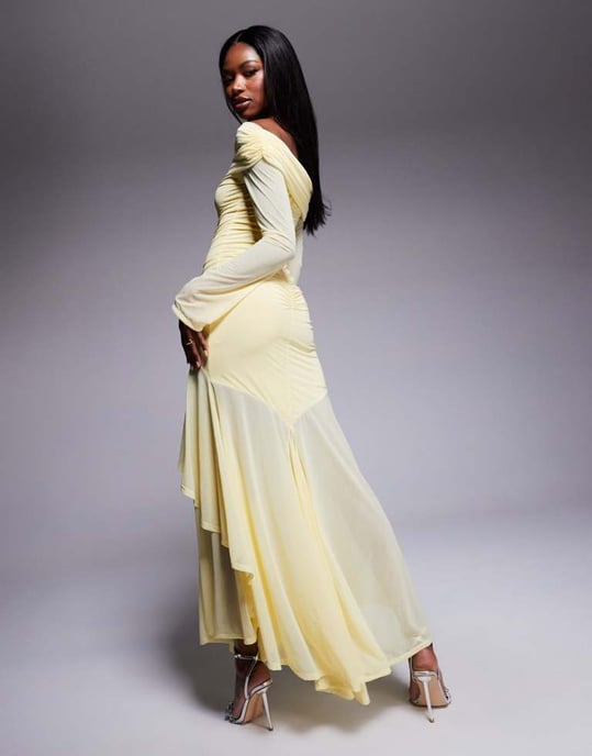 ASOS DESIGN stretch chiffon long sleeve bardot maxi dress with ruffle hem in pastel yellow - Image 3