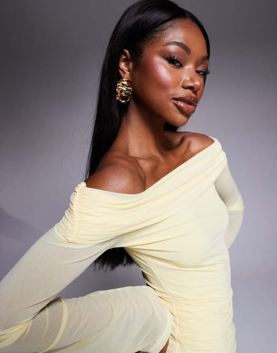 ASOS DESIGN stretch chiffon long sleeve bardot maxi dress with ruffle hem in pastel yellow - Image 4
