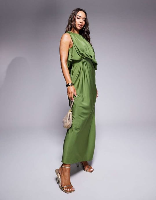ASOS DESIGN enaxlad blusliknande satinklänning i grön - Image 3