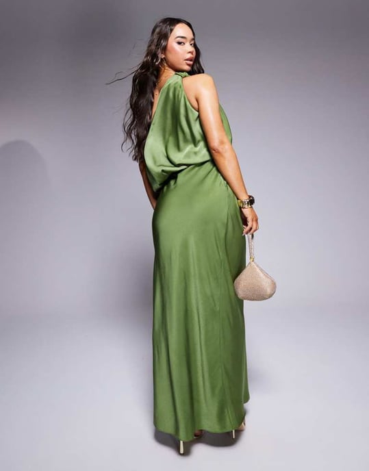 ASOS DESIGN enaxlad blusliknande satinklänning i grön - Image 4