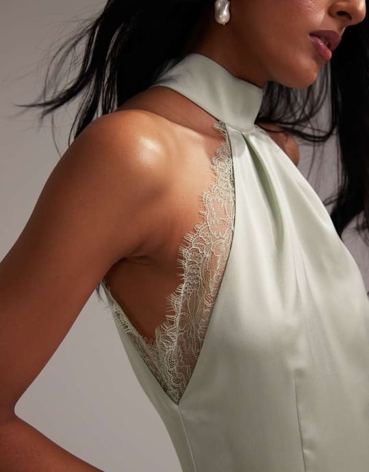 ASOS DESIGN Bridesmaids lace detail halter column maxi dress in light green - Image 2