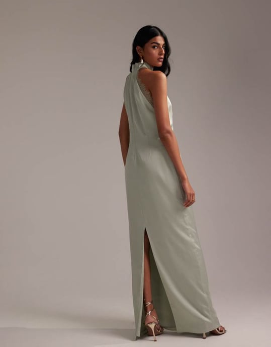 ASOS DESIGN Bridesmaids lace detail halter column maxi dress in light green - Image 3