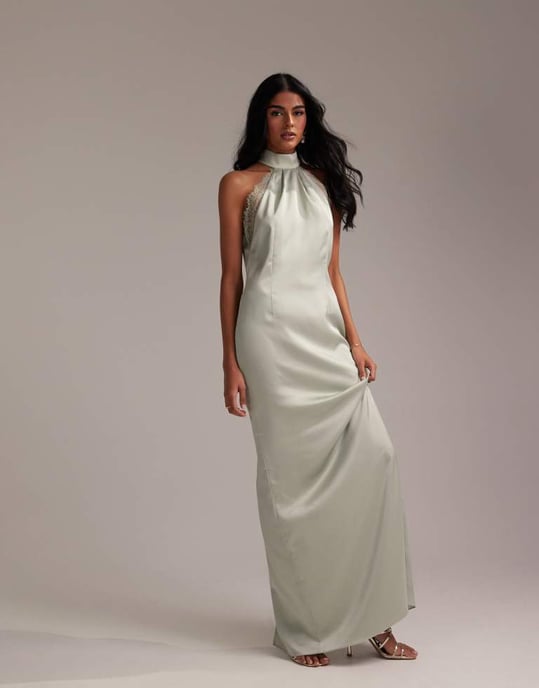 ASOS DESIGN Bridesmaids lace detail halter column maxi dress in light green - Image 4
