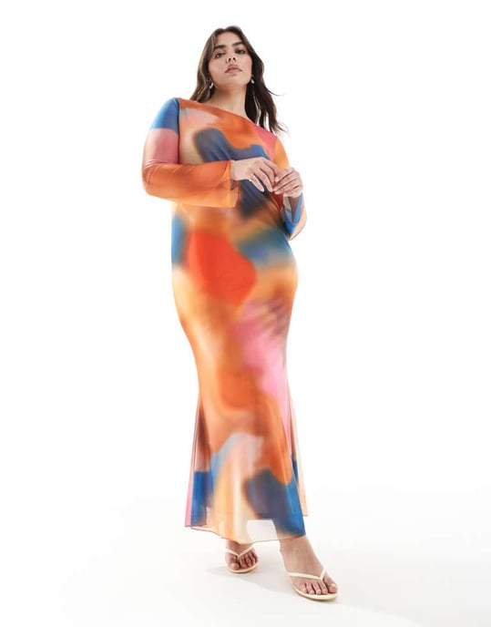 Vero Moda Curve långärmad mesh maxiklänning i solnedgångsblå abstrakt - Image 4