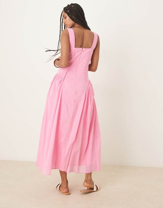 ASOS DESIGN prairie kvadratisk halsringning midaxi sommarklänning med sänkt midja i rosa - Image 2