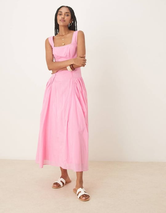 ASOS DESIGN prairie kvadratisk halsringning midaxi sommarklänning med sänkt midja i rosa - Image 3